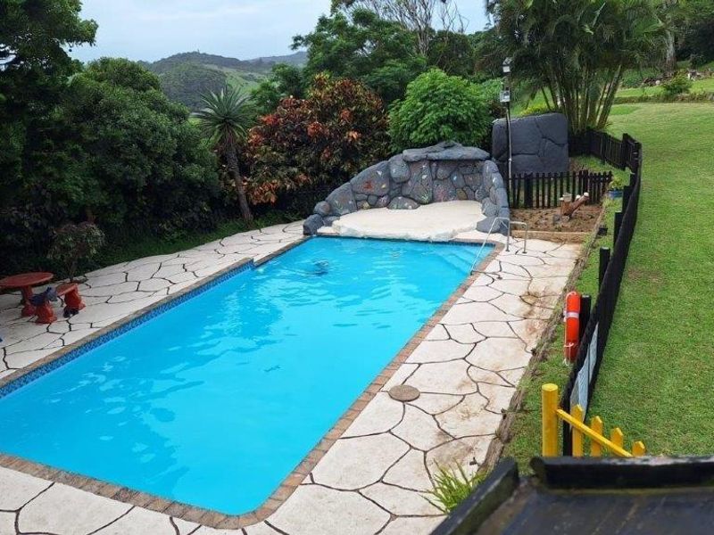 Outdoor swimming pool area featuring a decorative rock feature, paved surround, and perimeter fencing set within a landscaped garden.
