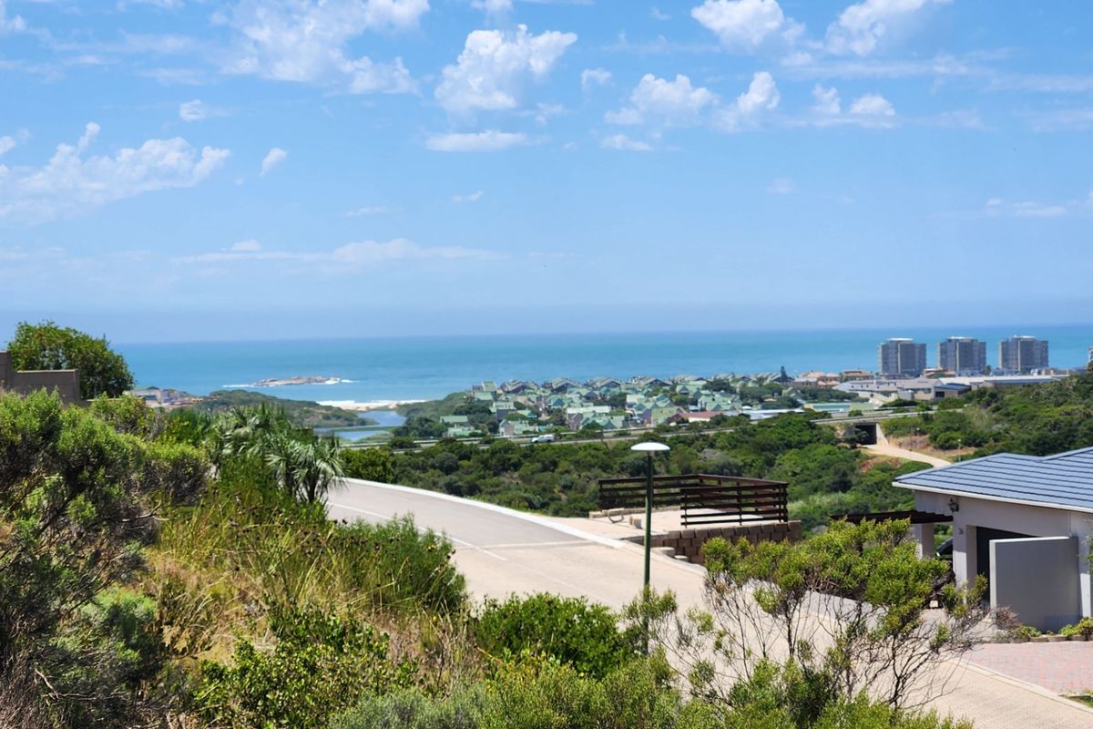 Elevated view overlooking the coastal landscape, residential area, and ocean horizon from the property.