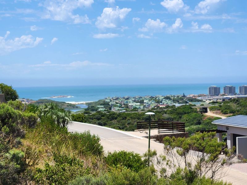 Elevated view overlooking the coastal landscape, residential area, and ocean horizon from the property.