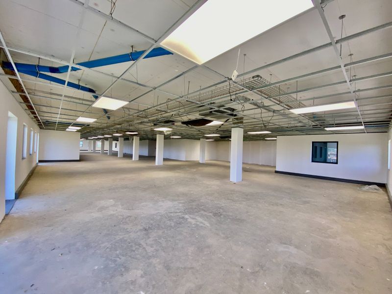 Expansive open-plan commercial office space featuring an unfinished ceiling grid, exposed structural columns, and concrete flooring, offering a blank canvas for custom fit-out.