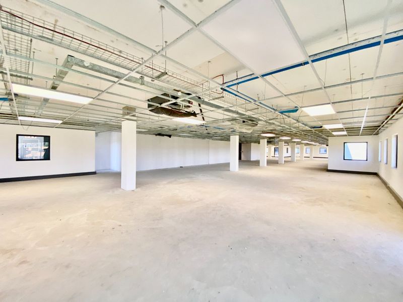 A large, open-plan commercial office space featuring an unfinished ceiling grid, structural support columns, and concrete flooring, ready for custom fit-out.
