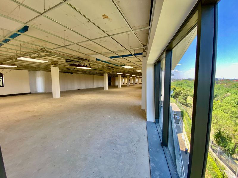 Expansive open-plan commercial office space featuring large floor-to-ceiling windows, structural columns, and an unfinished suspended ceiling grid ready for custom fit-out.