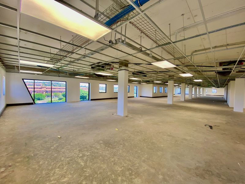 Expansive open-plan commercial office space featuring an exposed ceiling grid, structural columns, and large windows providing ample natural light and scenic views.