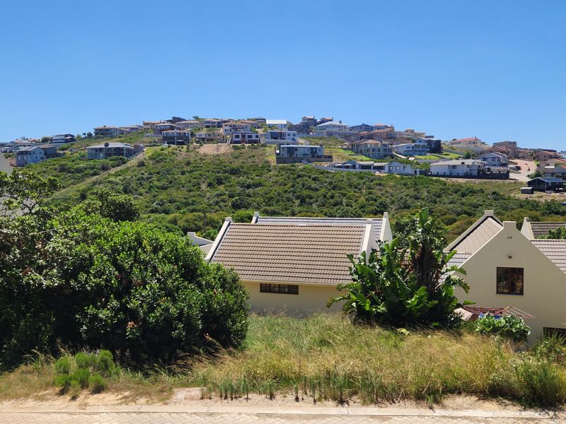 A scenic view overlooking a residential hillside development with established homes and natural coastal vegetation under a clear blue sky.