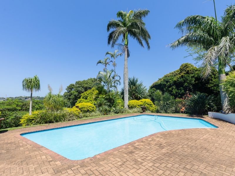 A well-maintained swimming pool set within a landscaped garden, featuring brick paving and mature palm trees under a clear blue sky.