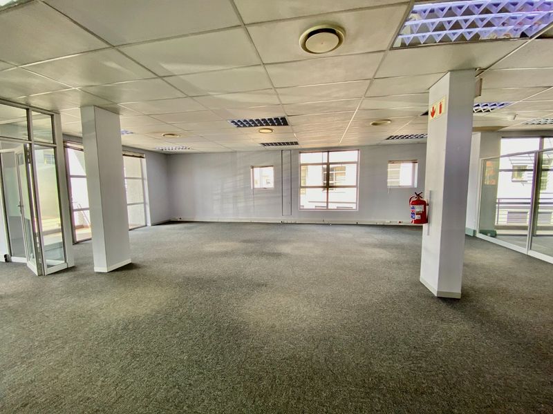 An open-plan commercial office space featuring a suspended ceiling, recessed lighting, and carpeted flooring, offering a blank canvas for business customization.