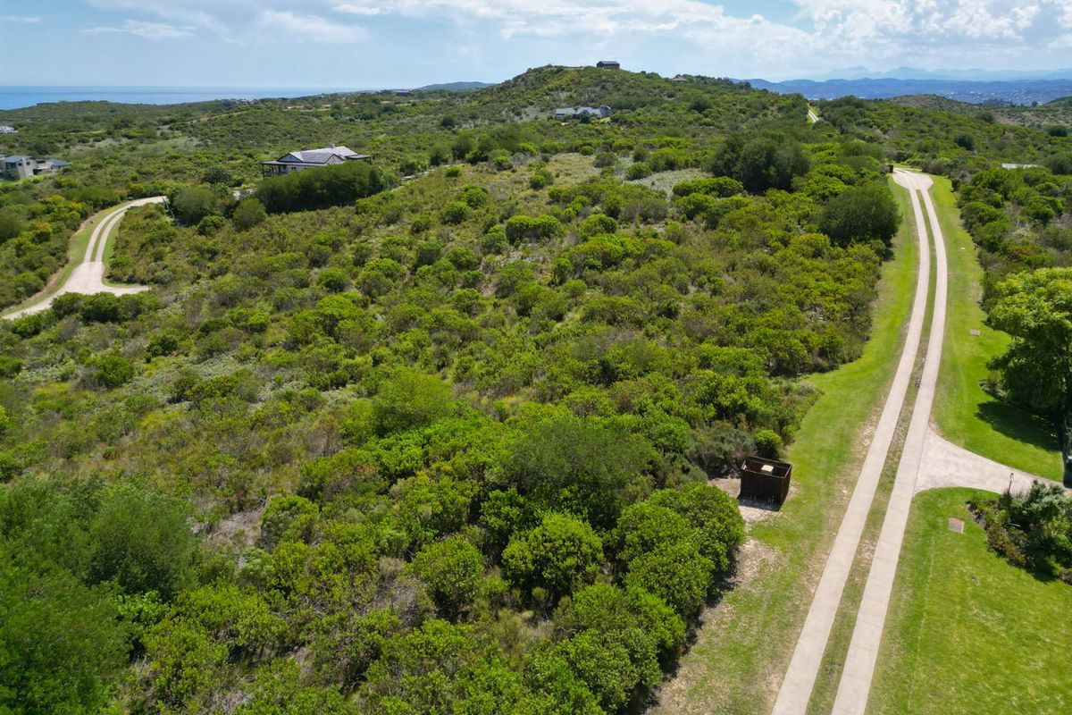 An aerial view of a vacant residential plot featuring native vegetation and a paved driveway, set within a scenic landscape.