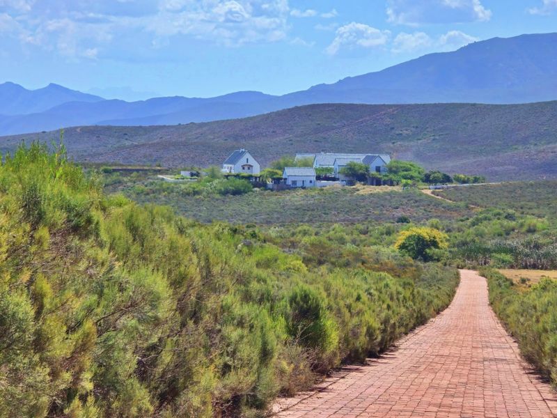 A scenic view of the farmstead property featuring a long brick driveway leading towards the main residential buildings set against a mountain landscape.