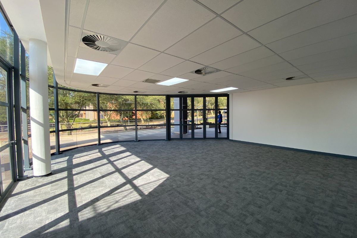 A bright, open-plan office space featuring floor-to-ceiling glass windows, suspended ceilings with recessed lighting, and neutral carpet tiles.