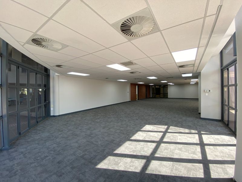 Spacious, open-plan commercial office area featuring a suspended ceiling, recessed lighting, air conditioning diffusers, and durable carpet tiles with large glass entry doors.