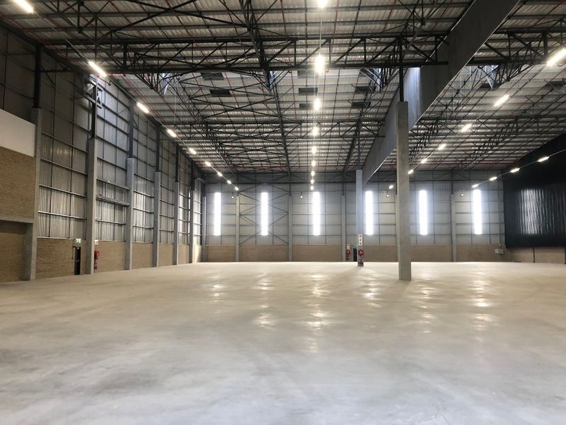 Spacious industrial warehouse featuring high ceilings with exposed steel trusses, polished concrete flooring, and integrated fire sprinkler systems.