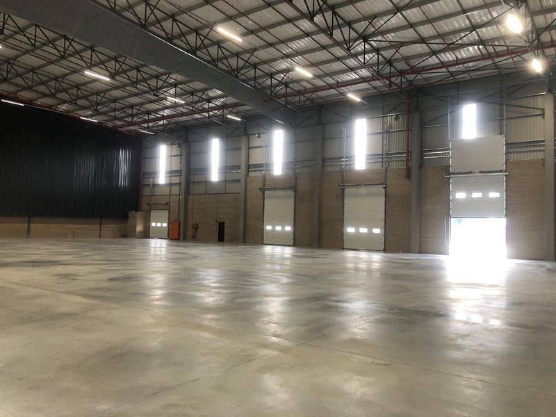 Spacious industrial warehouse featuring high ceilings with exposed steel trusses, polished concrete flooring, and multiple roller shutter doors for efficient logistics access.