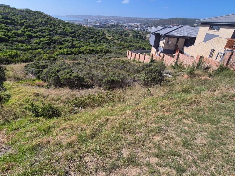 A sloped residential vacant land plot featuring natural vegetation, perimeter fencing, and distant coastal and urban views.