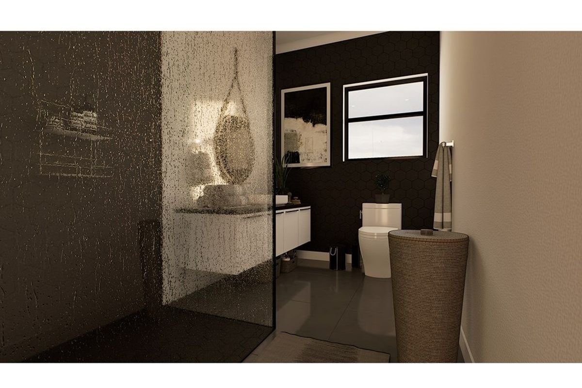 Modern bathroom featuring a walk-in shower with textured glass screen, wall-mounted vanity, and stylish black hexagonal feature wall tiles.