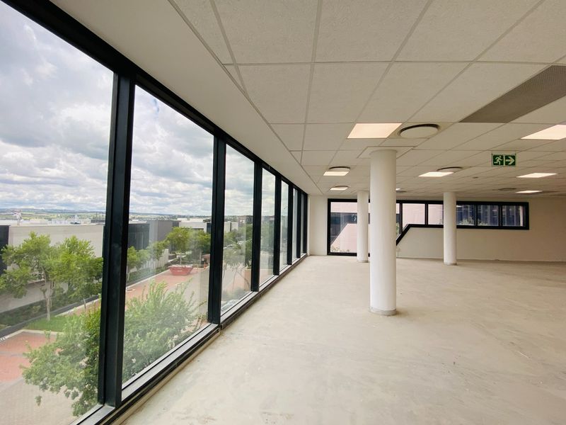 Spacious, vacant commercial office area featuring large floor-to-ceiling windows, suspended ceilings with recessed lighting, and structural columns, offering an open-plan layout.