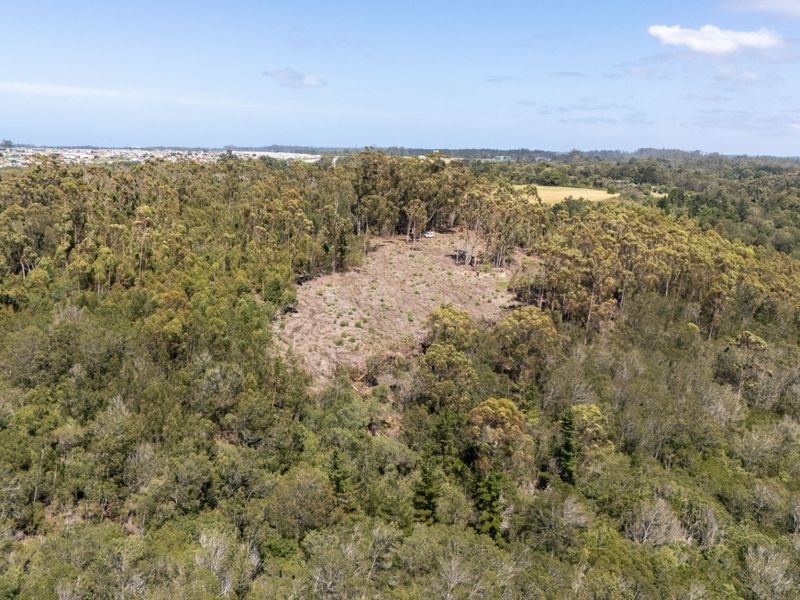 An aerial view of a residential vacant land plot featuring a cleared area surrounded by dense native woodland and established trees.