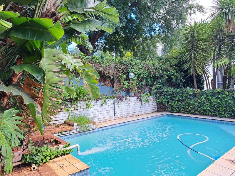 A private swimming pool area featuring a brick retaining wall, mature garden landscaping, and tiled coping.