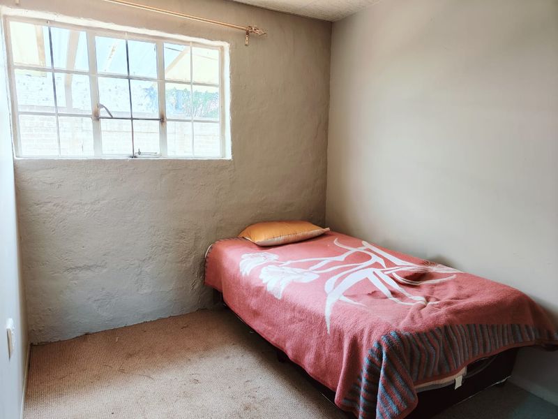 A compact bedroom featuring a steel-framed window, textured wall finish, and carpeted flooring, offering a functional space ready for cosmetic updates.