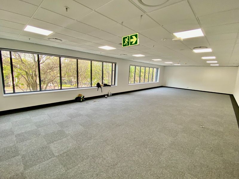 A spacious, vacant open-plan office area featuring large windows, carpeted flooring, and a modern suspended ceiling with integrated lighting and fire safety systems.