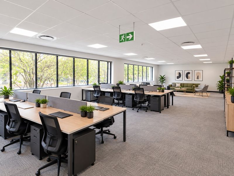 Modern open-plan commercial office space featuring large windows, suspended ceilings with recessed lighting, and high-quality carpet flooring.
