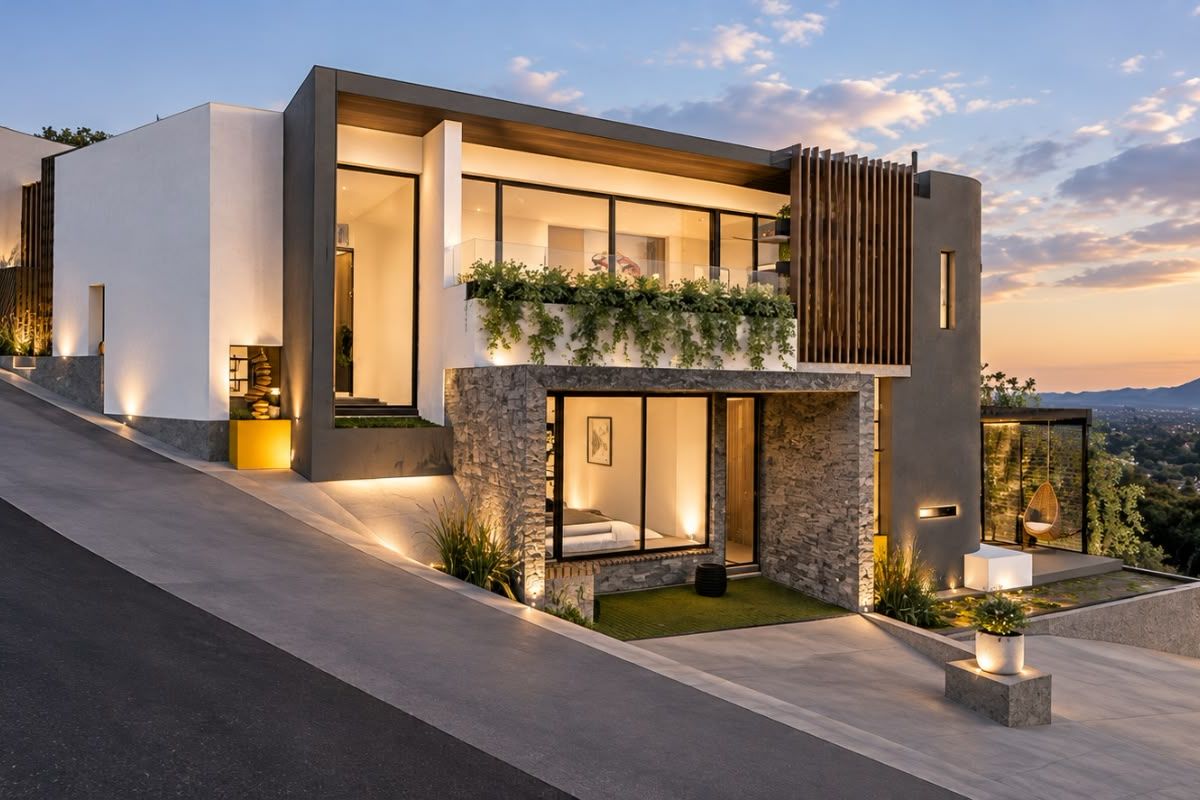 Modern multi-level residential facade featuring stone cladding, timber accents, and expansive glazing, set on a sloped site with integrated exterior lighting.