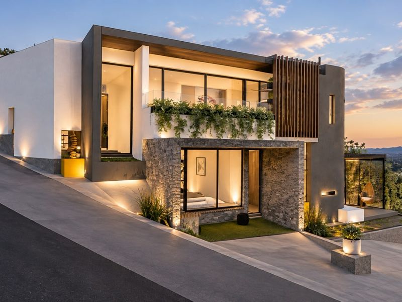 Modern multi-level residential facade featuring stone cladding, timber accents, and expansive glazing, set on a sloped site with integrated exterior lighting.