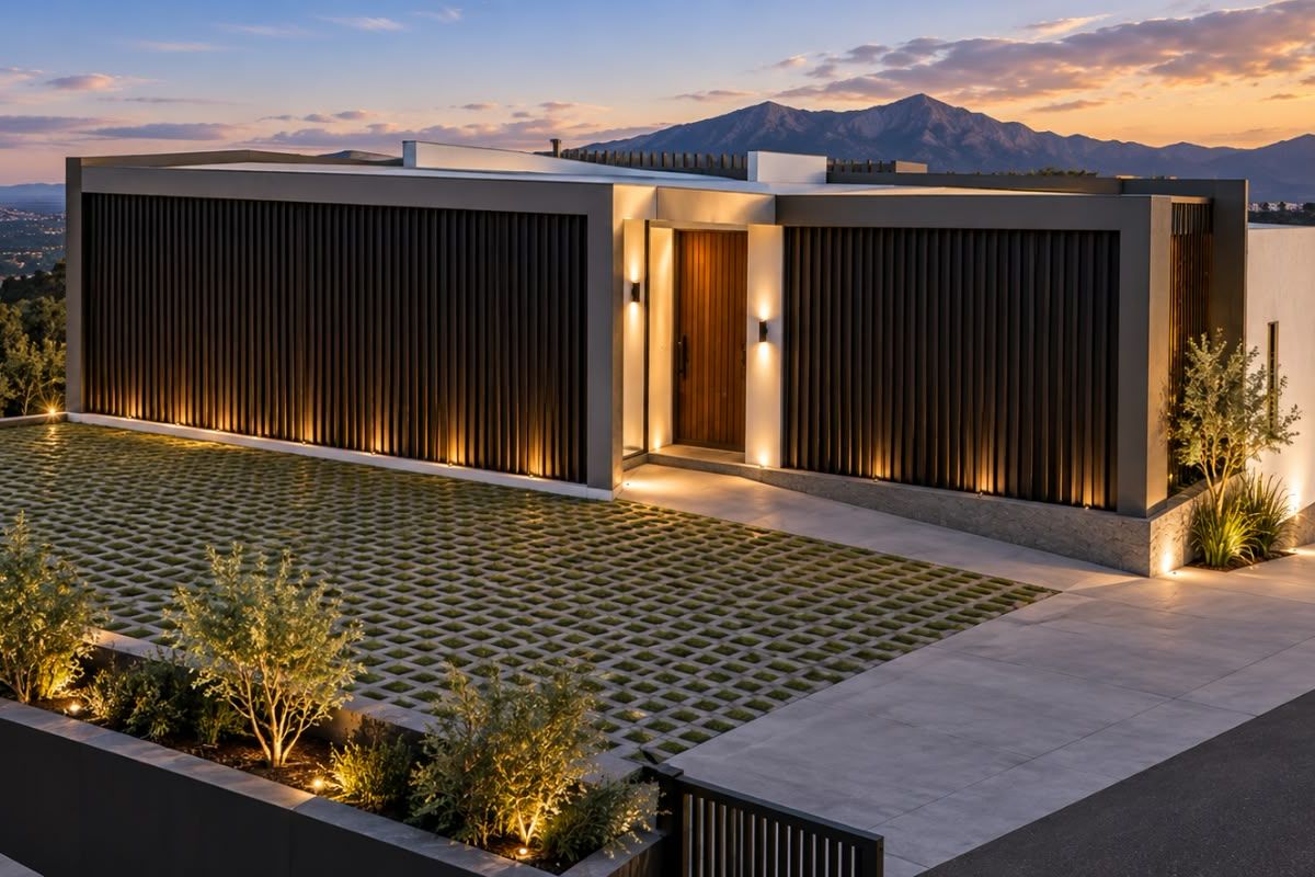 A stunning modern residential facade featuring clean lines, integrated lighting, and a paved driveway, set against a scenic mountain backdrop at sunset.