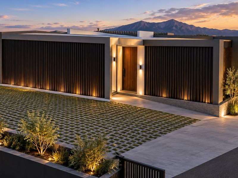 A stunning modern residential facade featuring clean lines, integrated lighting, and a paved driveway, set against a scenic mountain backdrop at sunset.