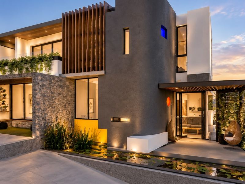 Modern luxury residence featuring stone cladding, timber architectural elements, a tranquil water feature, and integrated exterior lighting at dusk.