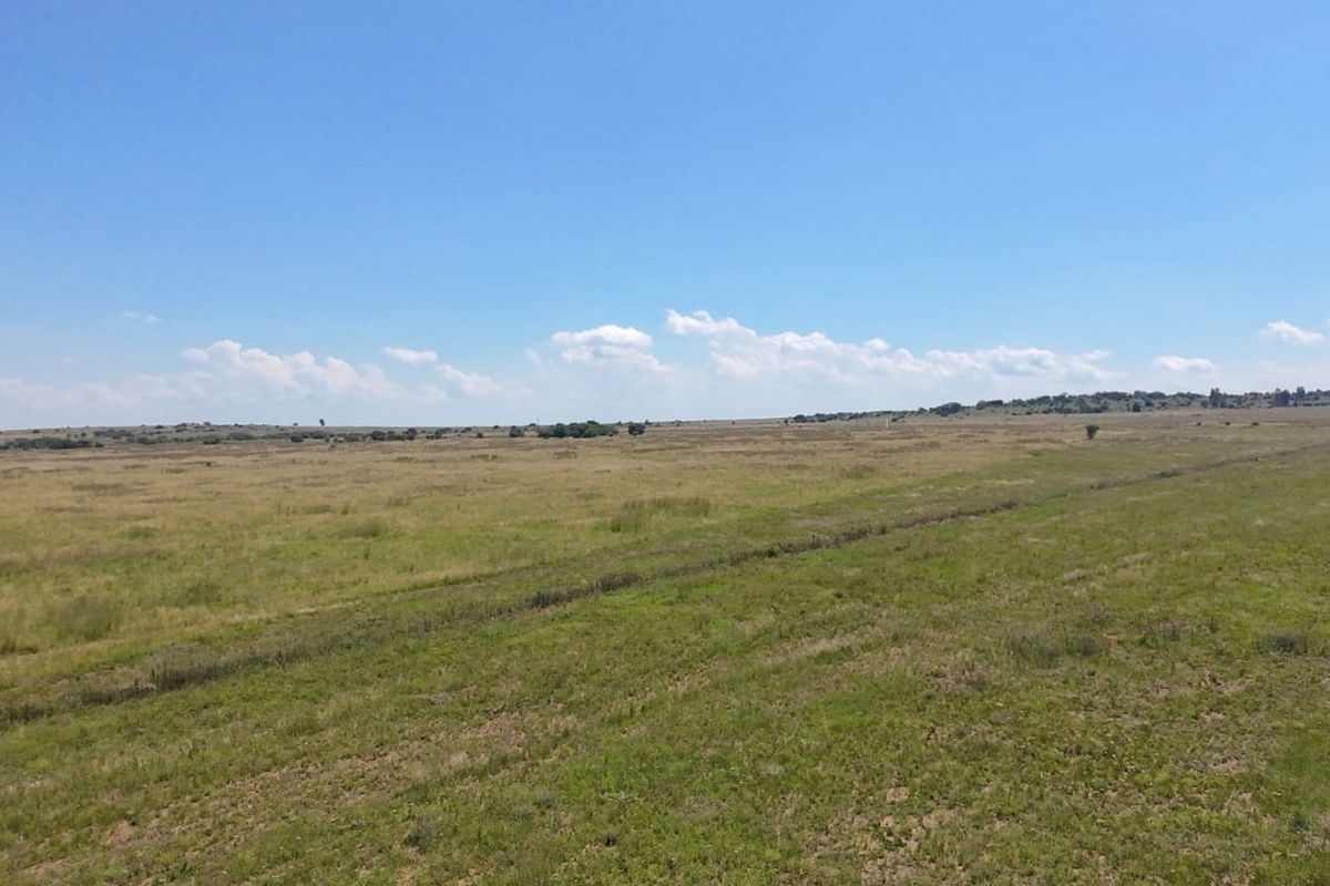 A wide, open expanse of vacant residential land featuring natural grassland under a clear blue sky.