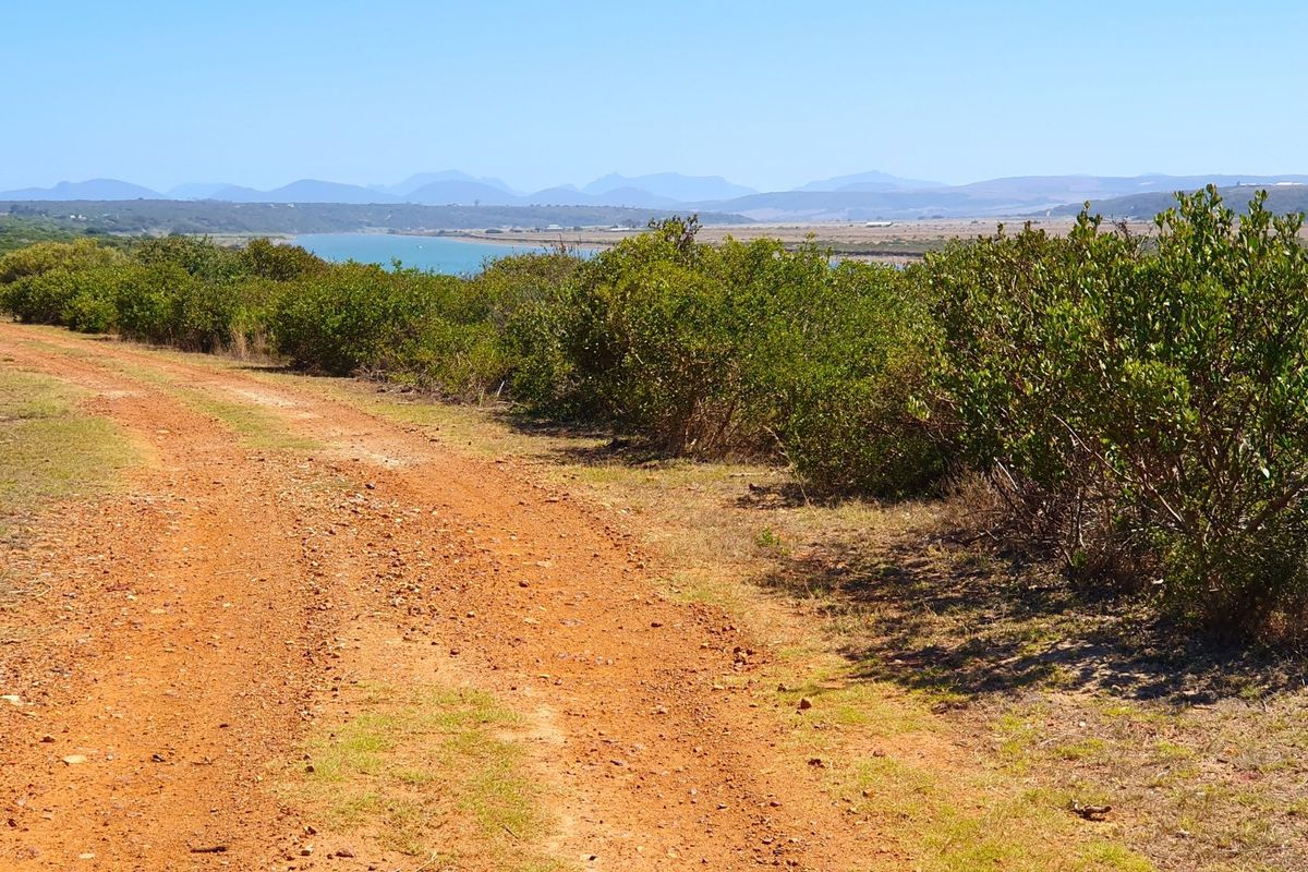 A scenic view of the vacant land featuring a natural dirt access road, indigenous vegetation, and distant water and mountain vistas.