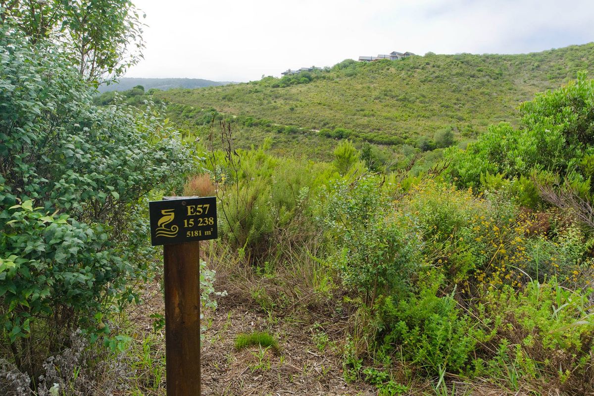 A view of a vacant residential plot featuring natural vegetation and a property identification marker post.