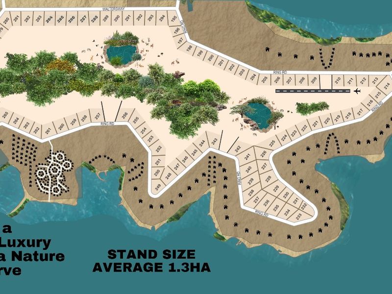 A comprehensive site layout plan for a residential development bordering a nature reserve, featuring multiple stands with an average size of 1.3 hectares.