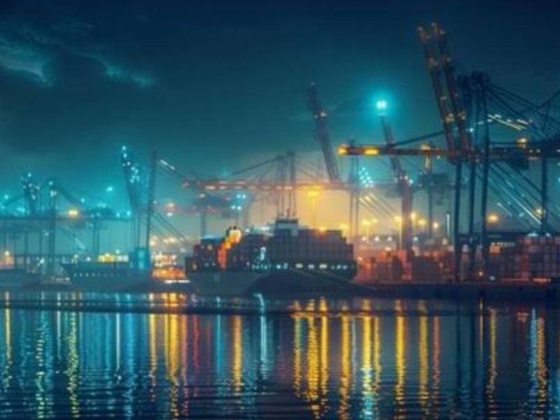 An industrial port scene at night featuring shipping cranes and containers, not relevant to residential vacant land property.