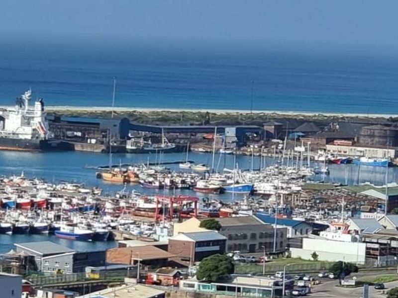 An elevated view overlooking a busy industrial harbor, marina with numerous boats, and the coastline in the distance.