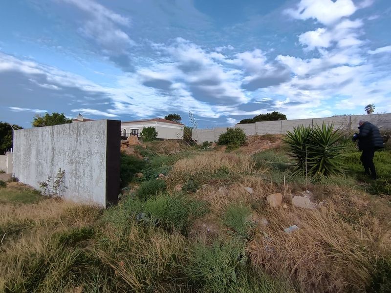 A vacant residential plot featuring a boundary wall and uneven, overgrown terrain, offering potential for future development.