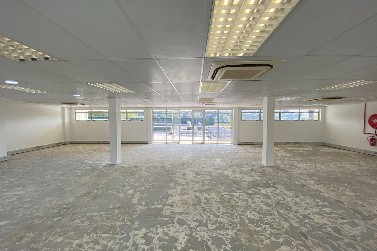 Spacious open-plan commercial office area featuring a suspended ceiling, recessed lighting, integrated air conditioning, and large windows providing natural light.