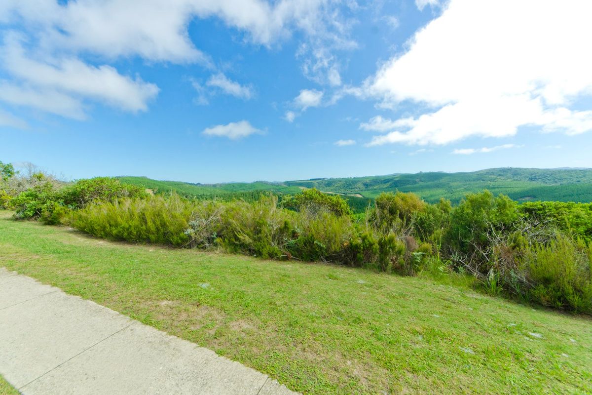 A scenic view overlooking rolling green hills and native vegetation on a vacant residential plot.