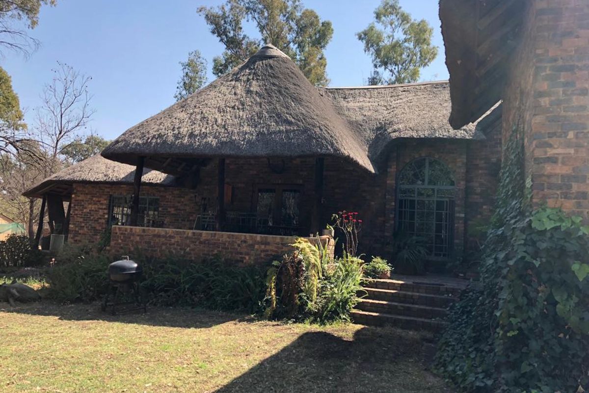 Rear view of a rustic farm-style residence featuring a traditional thatched roof, face brick exterior, and a covered patio area with brick steps.