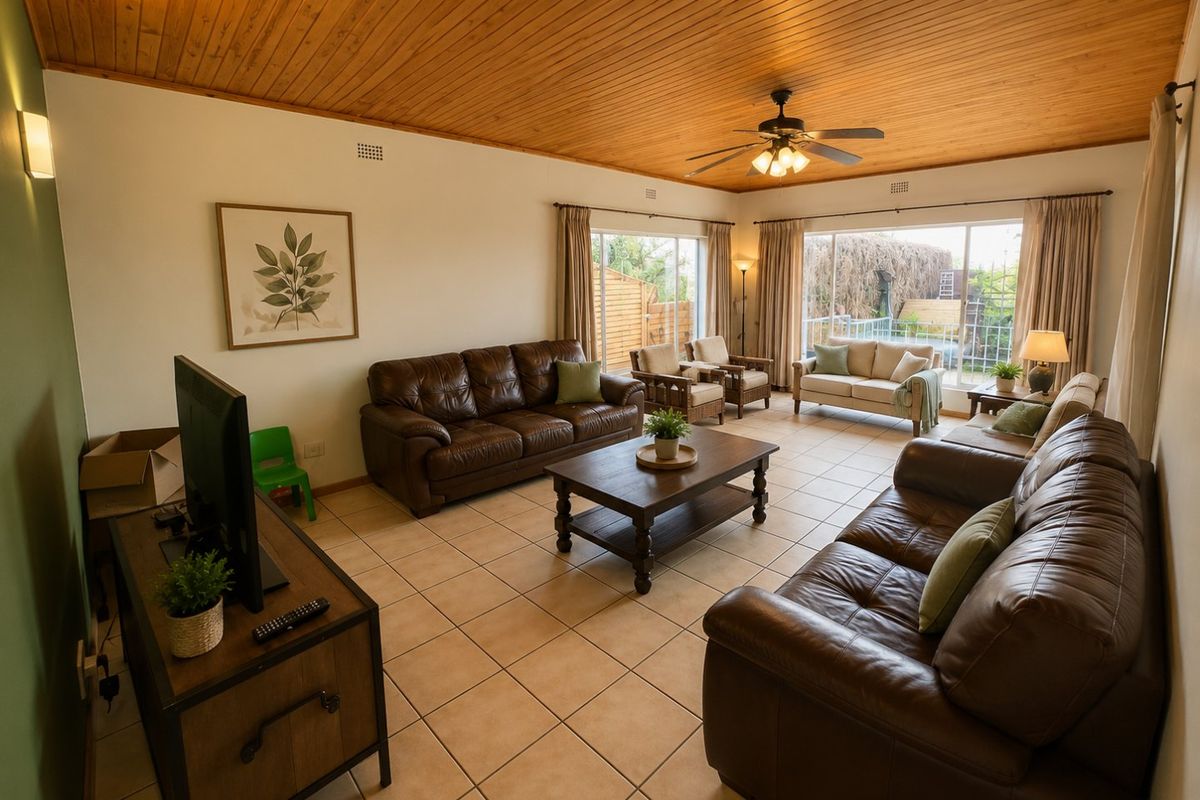 Spacious living room featuring a warm timber-clad ceiling, ceramic tiled flooring, and large sliding glass doors providing natural light and access to the outdoors.