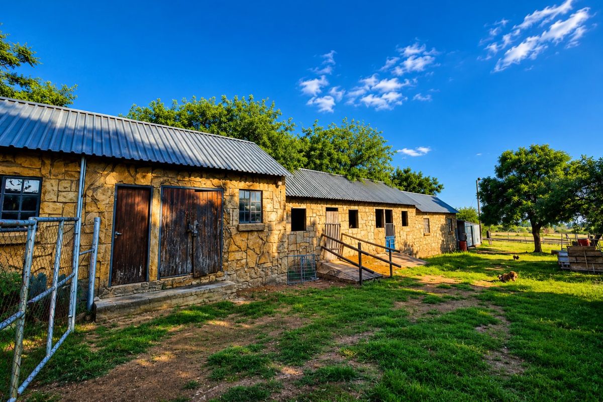 Exterior view of a rustic stone farm building featuring a corrugated metal roof, timber doors, and an access ramp set within a grassy yard.