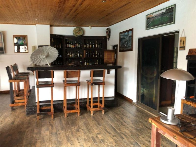 A dedicated home bar area featuring a built-in bar counter, timber-clad ceiling, and sliding glass door access.
