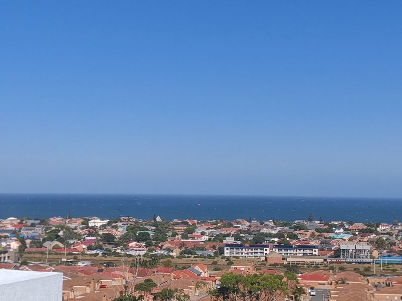 An elevated panoramic view overlooking the coastal residential neighborhood and the ocean horizon.