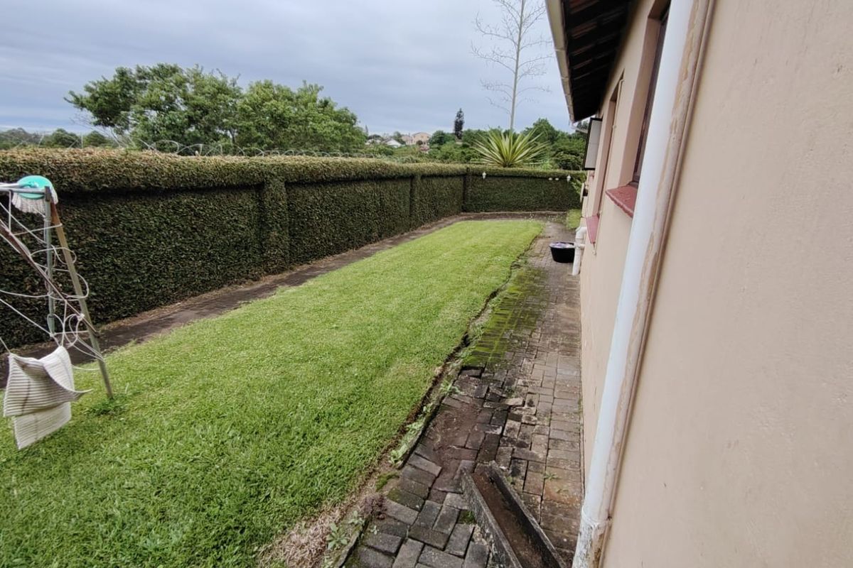 A rear garden area featuring a lawn, a hedged boundary, and a paved walkway showing signs of wear and maintenance requirements.