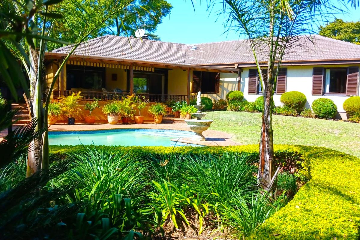 Rear view of the property featuring a swimming pool, covered patio area, and a well-maintained garden with a central water fountain.