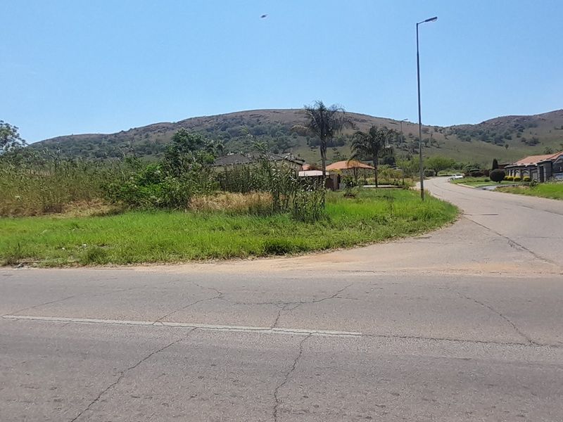 A street-level view of the residential area showing the road infrastructure, grass verge, and surrounding landscape.