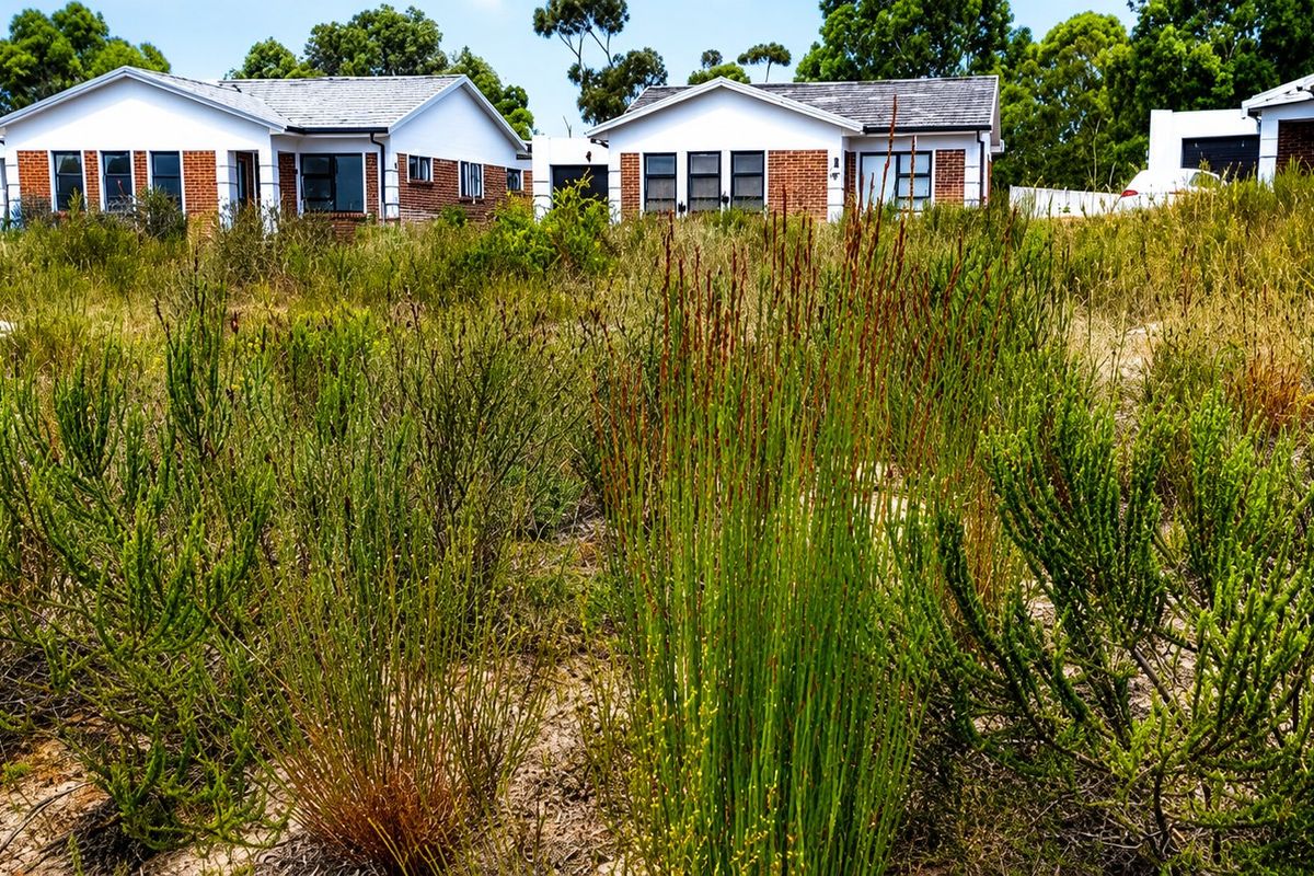 A view of residential properties situated behind an undeveloped, overgrown plot of land.