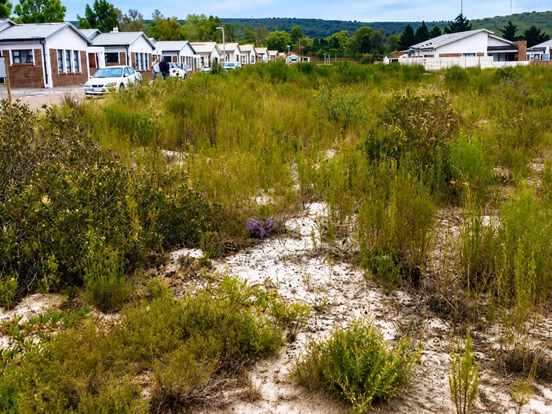 A vacant residential plot featuring natural vegetation, situated in a developed neighborhood with existing housing units in the background.
