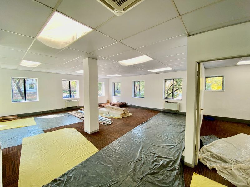 Open-plan commercial office space featuring a suspended ceiling, recessed lighting, and multiple windows, currently undergoing maintenance or renovation.