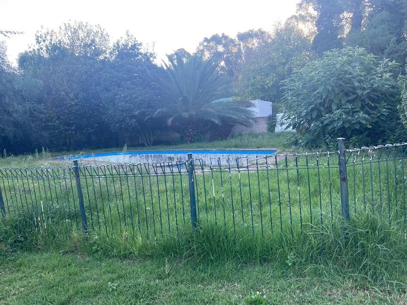 Outdoor swimming pool area featuring a metal perimeter fence, surrounded by overgrown garden vegetation and mature trees.